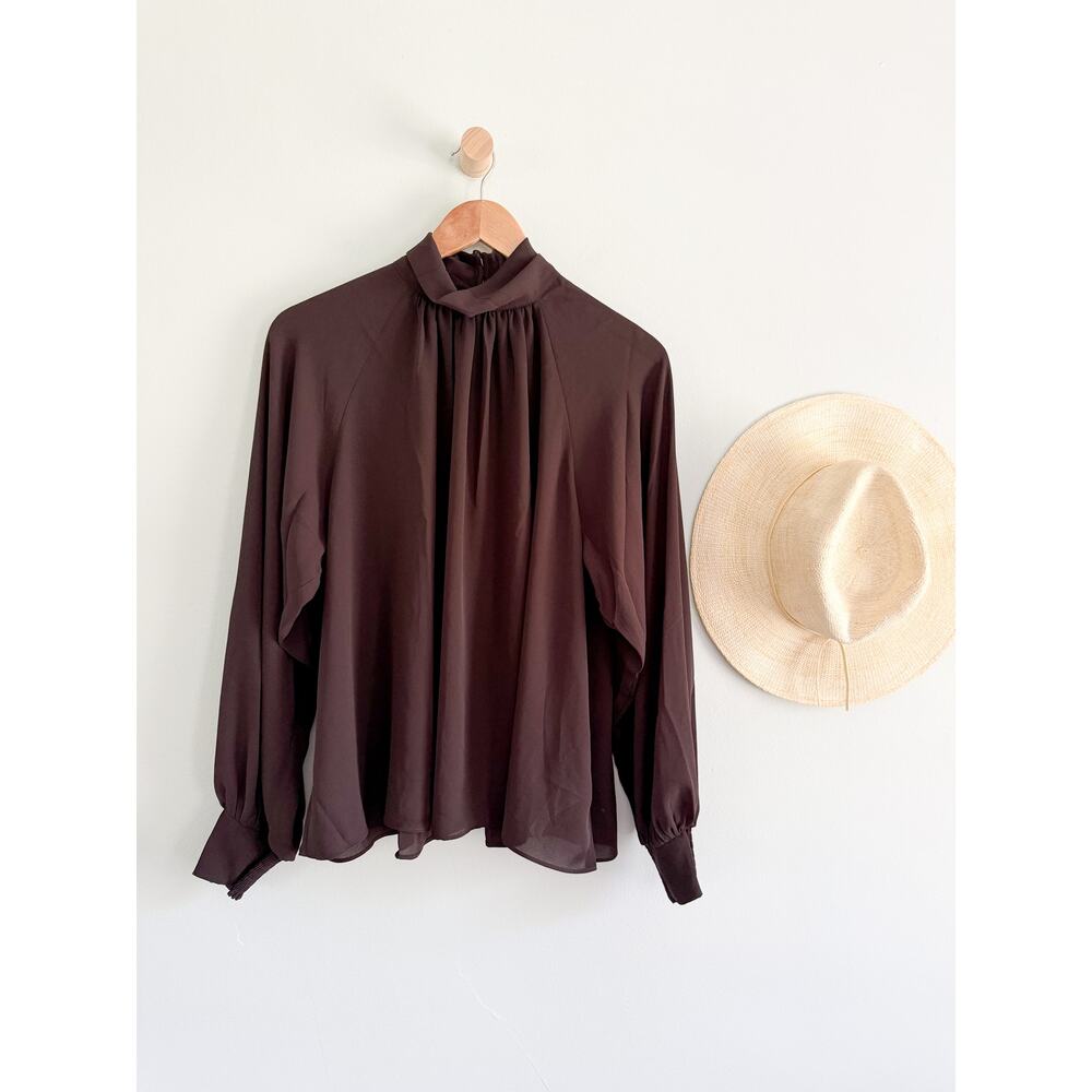Madewell | NWT Chiffon Turtleneck Long Sleeve Top Molasses Brown | Sz L - Picture 2 of 11